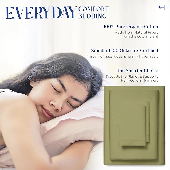 Mayfair Linen 100% Organic Cotton Sheets Queen Size - 4 PC Organic Cotton Queen Size Percale Weave Sheet Set, Soft, Cooling, Crisp & Breathable, 16" Deep Pocket Hotel Quality Bedding Set - Sage Green