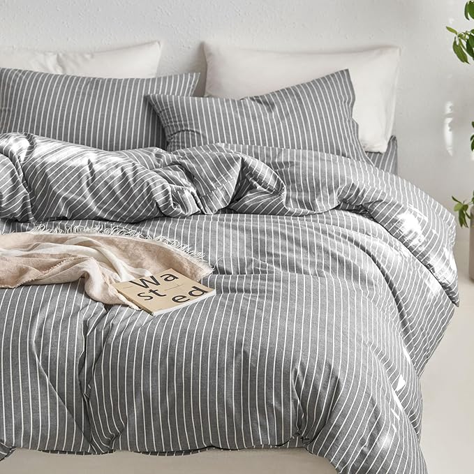 MooMee Striped Duvet Cover Set 100% Washed Cotton Linen Like Textured Breathable Durable Soft Comfy (Dark Grey White Wide Stripes, King 104"x90")