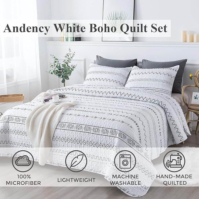 Andency White Oversized Super King Quilt Set, 3 Pieces Boho Lightweight Soft Striped Bedspread for All Season (120"x120"), Printed Bohemian Microfiber Reversible Coverlet Comforter Sets