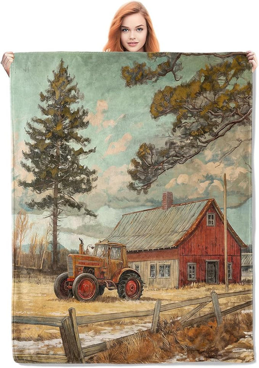 Vintage Farmhouse Flannel Blanket, Rustic Country Scenery with Tractor and Barn Soft Lightweight Throw Blankets Gifts for Adults,50" x 60" Perfect for Couch Bed Home Travel Decor