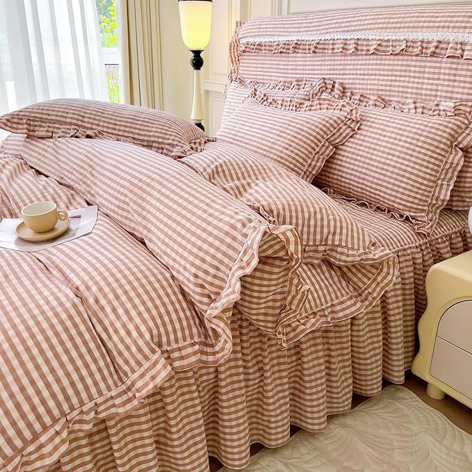 LifeTB Queen Comforter Set Pink Gingham Comforter Vintage Ruffle Blush Plaid Comforter Set 3 Pieces Checkered Grid Bed Comforter with 2 Pillowcases Fluffy Soft Gingham Bedding Set Queen Size