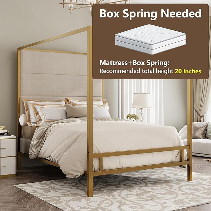 Merax King Size Modern Canopy Bed Frame, with Tall Linen Fabric Upholstered Headboard Metal 4-Poster, Box Spring Needed, Gold + Tan