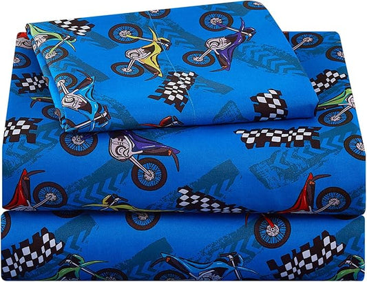 Kids Sheet Set Twin Size, Twin Sheet Set with Motorcycle Pattern，Breathable Silky Soft Microfiber Kids Fitted Sheet