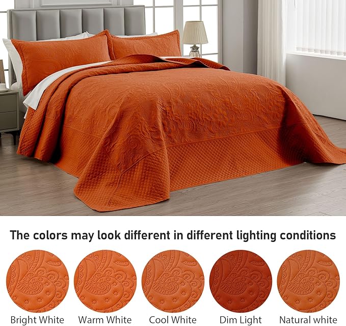 Qucover Oversized King Bedspreads 120x120, 3 Piece California King Quilts Oversized, Ultrasonic Quilting Soft Microfiber Lightweight Pumpking Cal King Quilt with Shams, Burnt Orange