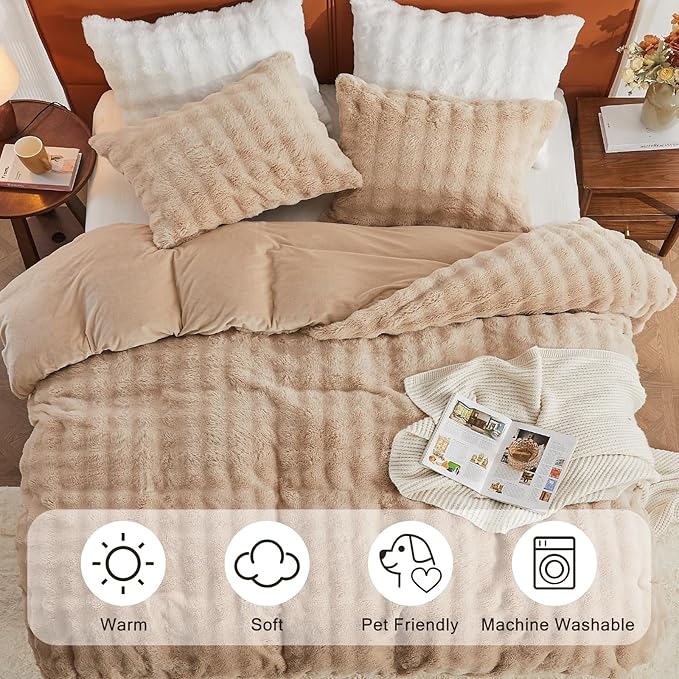 EMME Faux Fur Duvet Cover Twin Size, 2 Pieces Ultra Soft Fluffy Comforter Cover, Cozy Warm for Winter, Luxury Elegant Shaggy Bubble Design Bedding, 1 Duvet Cover & 1 Pillow Shams (Twin, Beige)
