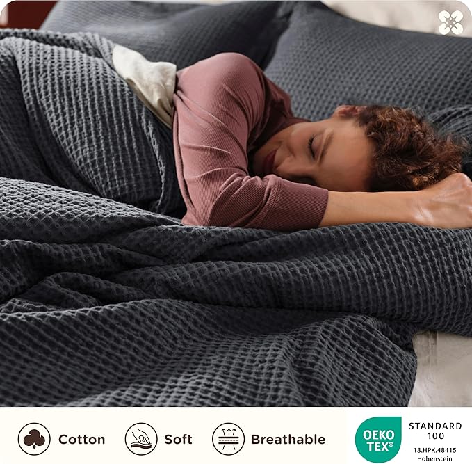Bedsure Cotton Duvet Cover Set - 100% Cotton Waffle Weave Charcoal Duvet Cover Oversized King Size, GentleSoft™ and Breathable Bedding Set for All Season, 3 Pieces, 120"x98"