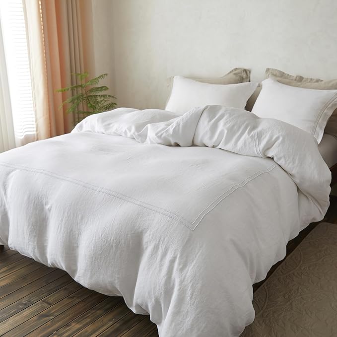 Simple&Opulence 100% Washed Linen Duvet Cover Set 68"x86" - 2 Pieces Soft Farmhouse Comforter Cover Set Double Embroidered with Button Closure - 1 Duvet Cover and 1 Pillowcase (White, Twin)