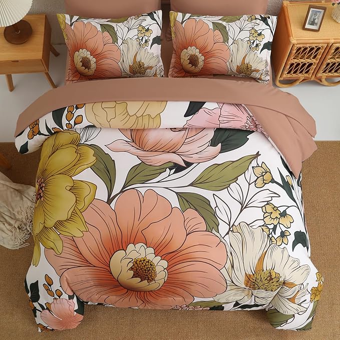 Xruibed Floral Comforter Set King Size 7 Pieces Bed in a Bag Pink Flower Bedding Comforter Sets Lightweight Boho Bed Set with Sheet,Pillowcases&Shams for All Season