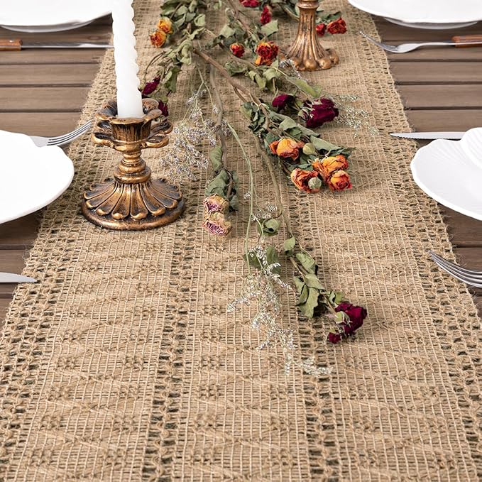 Socomi Boho Table Runner Valentine's Day Farmhouse Burlap Jute Bamboo Rustic Dining Kitchen Centerpiece Decor Long Macrame Woven Coffee Table Runner for Dresser Scarf Home Decor 12x90 inch