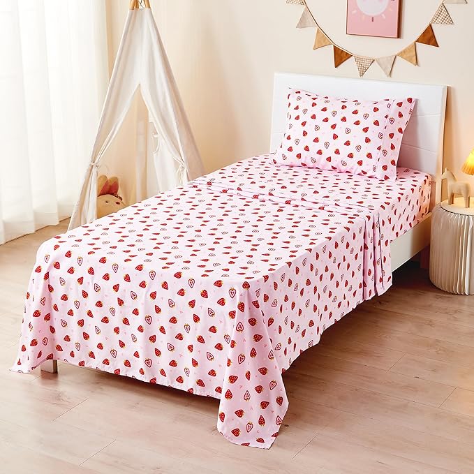 Pink Strawberry Printed Kids Sheet Set Twin Size, 3 Pcs Breathable & Silky Soft Microfiber Kids Fitted Sheet, Bed Sheets with 15" Deep Pocket for Boys and Girls