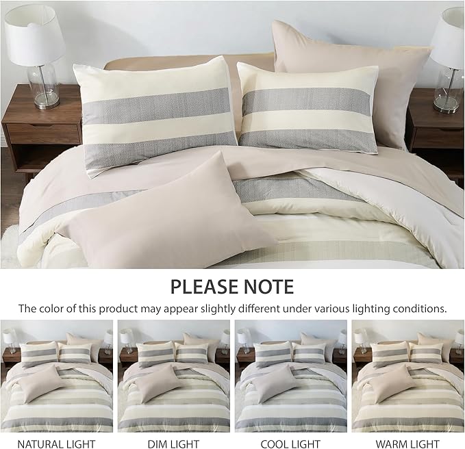 Full Size Modern Striped Comforter Set, Lightweight Soft Microfiber Bedding Sets for All Season 7 Pieces Bed in A Bag Set with Comforter, Sheets, Pillowcases & Shams, Neutral