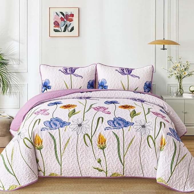 WONGS BEDDING Purple Quilt Set Queen Size,Floral Printed Bedspread Coverlet Bedding Set,3 Pieces Lightweight Farmhouse Spring Botanical Quilts Set (96"x90")