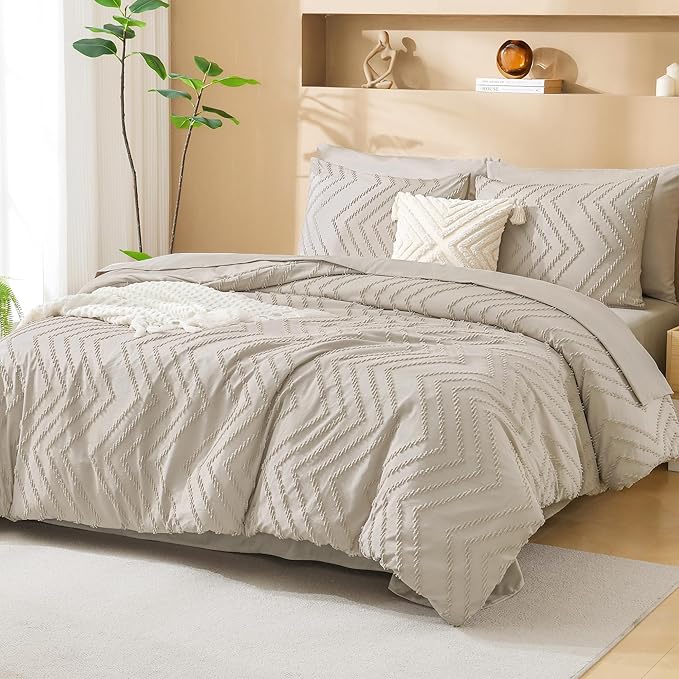 Litanika Oversized Queen Size Comforter Set with Sheets Oatmeal - 7 Pieces Bed in a Bag Oversized King Boho Tufted Complete Bedding Sets with Comforter, Sheets, Pillowcases & Shams