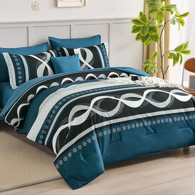 Anibedding Comforter Set Full Size,8 Piece Teal Boho Bed in a Bag,Striped Patchwork Comforter Bedding Set for All Season(78"×90")