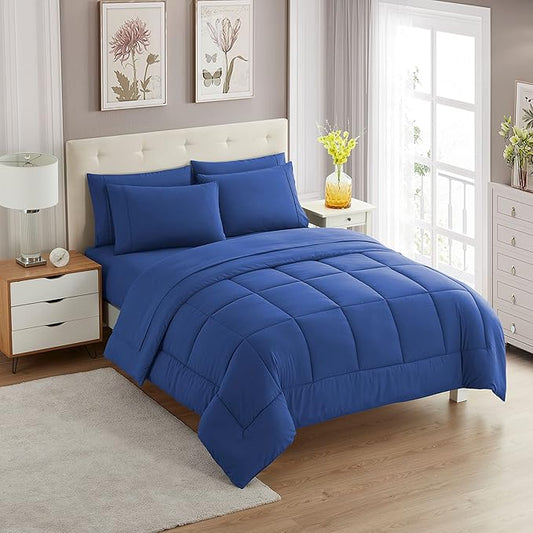 Sweet Home Collection 7 Piece Comforter Set Bag Solid Color All Season Soft Down Alternative Blanket & Luxurious Microfiber Bed Sheets, Royal Blue, Full