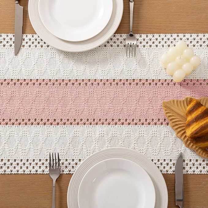 Socomi Boho Table Runner Valentine's Day Farmhouse Rustic Dining Kitchen Centerpiece Decor Small Macrame Woven Cotton Linen Coffee Table Runner for Dresser Scarf Home Decor 12x36 inPink Ivory