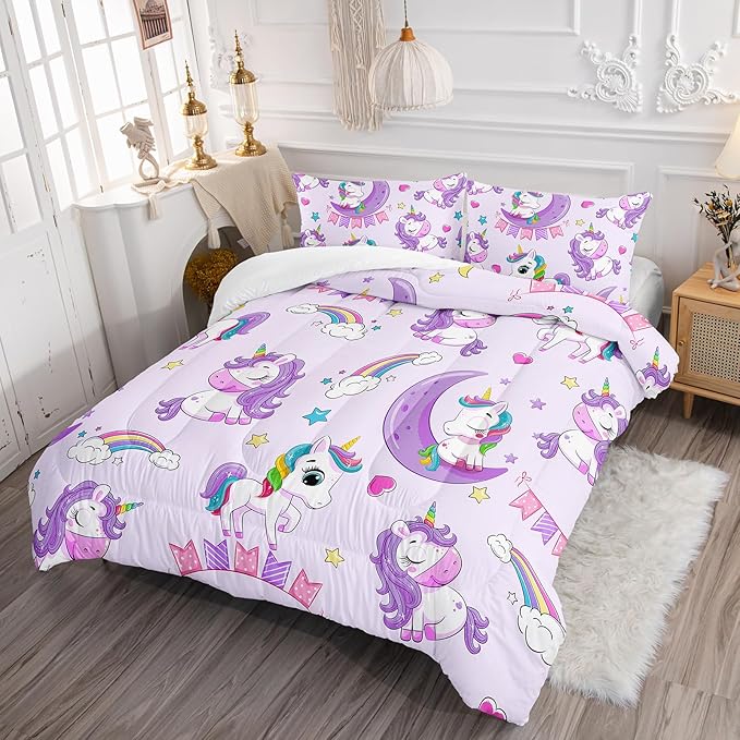 Axolotl Purple Unicorn Comforter Set Full Size, Kids Bedding Set, Cute Unicorn Rainbow Bedding Set with Stars, 3Pcs (1 Comforter + 2 Pillowcases), Unisex, Modern Style, All Seasons