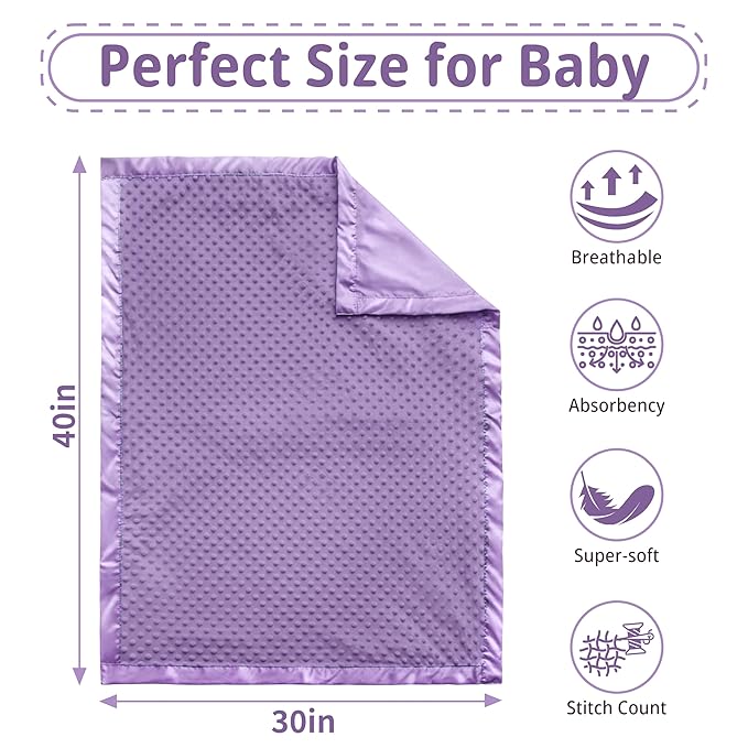 Pro Goleem Baby Soft Minky Dot Blanket with Silky Satin Backing Baby Gifts for Boys and Girls (Purple, 30’’ x 40’’)