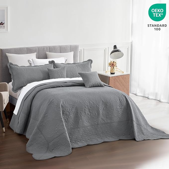 Oversized King Bedspread, Ultrasonic Lightweight Bedding Cover, Paisley Pattern, Reversible, 5 Piece, 100% Microfiber, Grey