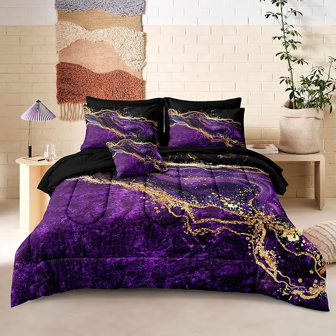 Black Gold Comforter Set 8 Pcs Purple Marble Bedding Set Full Size Bed in A Bag Stone Texture Abstract Room Decor
