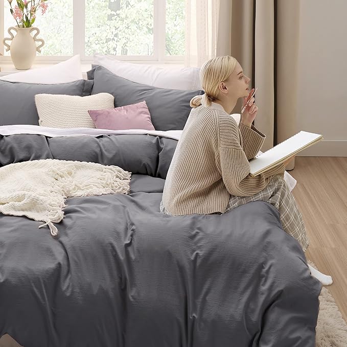 Bedsure Dark Grey Duvet Cover Queen Size Only - Prewashed Cotton-Like Polyester Extra Soft All Season Bedding, Includes 1 Duvet Cover 90x90 Inches with Zipper Closure, Comforter Not Included