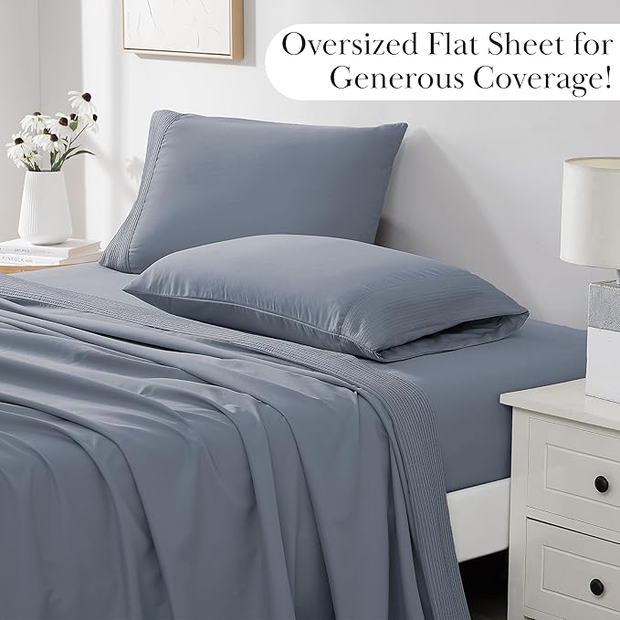 Southshore Fine Living, Inc. Pleated Hem, 4-Piece Queen Sheet Set, 21-Inch Extra Deep Pocket Queen Sheets Set, 1 Fitted Sheet, 1 Oversized Flat, 2 Blue Pillow Cases, Slate Blue Sheets