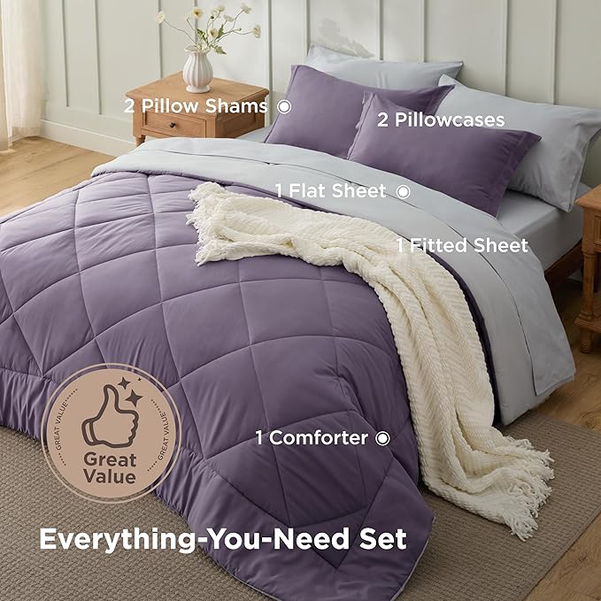 Bedsure King Size Comforter Set - 7 Pieces Reversible Grayish Purple Bedding, King Size Bed Set for All Seasons, Bed in a Bag with Down Alternative Comforter, Sheets, Pillowcases & Shams