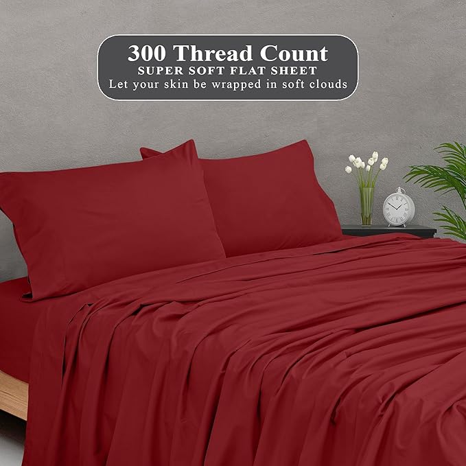 Royale Linens 300 Thread Count 100% Long Staple Combed Cotton Flat Sheet - Super Soft - Top Sheets - Twin Flat Sheet Sold Separately - Breathable, Cool & Crisp Percale Sheets Only (Twin, Red)