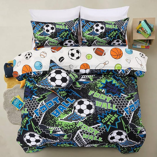 A Nice Night Boys Football Field Comforter Set 6-Piece Bed-in-a-Bag, Twin Size Football Entering The Door Printed Bedding Collections for Kids, Durable & Easy Care, Sports Theme Design for Boys