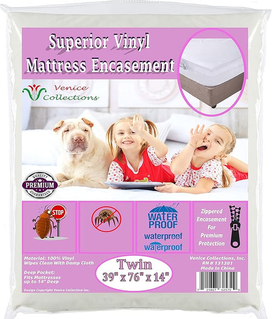 Superior Extra Heavy 8 Gauge Vinyl Mattress Protector Zippered Encasement Cover 100% Waterproof Twin White