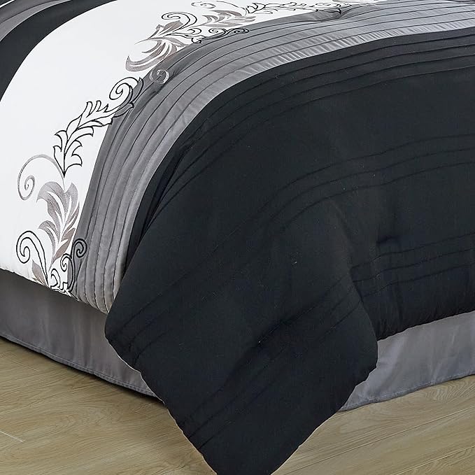 Chezmoi Collection Napa 7-Piece Luxury Leaves Scroll Embroidery Bedding Comforter Set (Queen, Black/Gray/White)