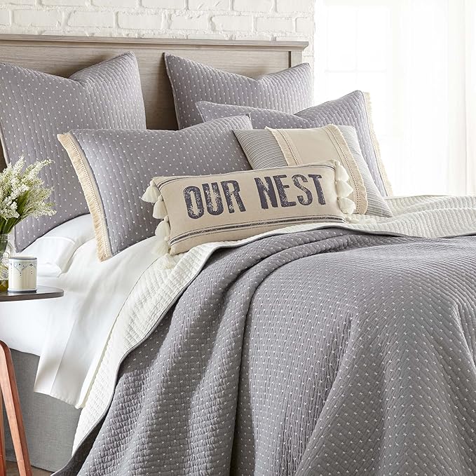Levtex Home Cross Stitch Reversible King/Cal King Quilt Set (106x92in) and 2 Pillow Shams (36x20in) - Stitch Texture - Grey White - Cotton King Size Quilt Bedding Set - Lightweight Soft Pre-Washed