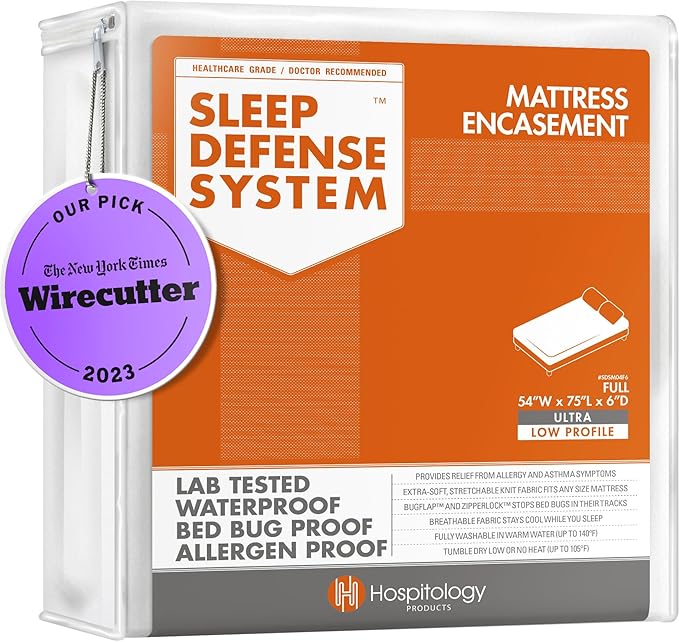 HOSPITOLOGY PRODUCTS Mattress Encasement - Zippered Bed Bug Dust Mite Proof Hypoallergenic - Sleep Defense System - Full - Waterproof - Stretchable - Ultra Low Profile 6" Depth - 54" W x 75" L