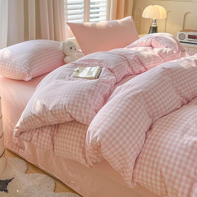 mixinni Light Pink Gingham Duvet Cover Set King Size - 100% Washed Cotton 3 Piece Plaid Checkered Bedding Set, Soft Comfy Grid Farmhouse Comforter Cover with Zipper Closure & Corner Ties