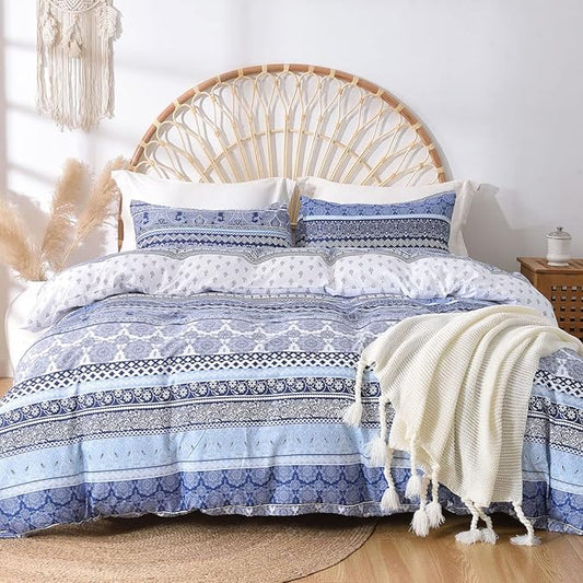 Lekesky Boho Queen Size Duvet Cover Set, Boho Blue Retro Comforter Cover Queen Size Floral Striped Printed, Luxury Soft Microfiber Bedding Set with Zipper Ties