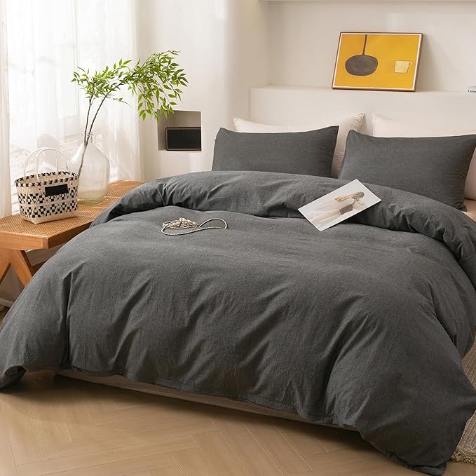 ECOCOTT Grey Duvet Cover Oversized King Size - 100% Washed Cotton Durable Soft Comfy Duvet Cover Set, 3 Pieces Duvet Cover with Zipper Closure (Dark Grey, 120"x 98")