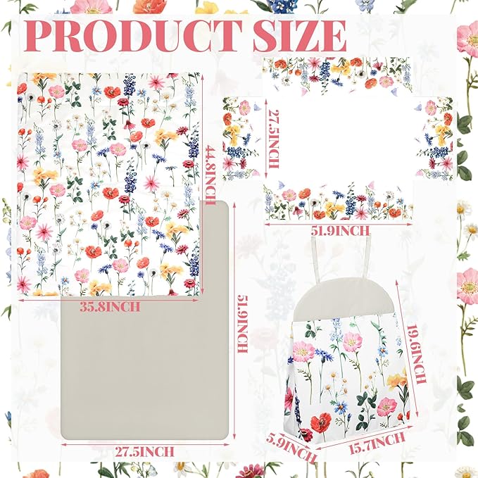 Oudain 4 Piece Spring Flower Crib Bedding Set Including Spring Wild Flower Crib Skirt, Blanket, Sheet and Diaper Stacker, Soft Neutral Nursery Standard Size Baby Bedding for Baby Girls and Boys