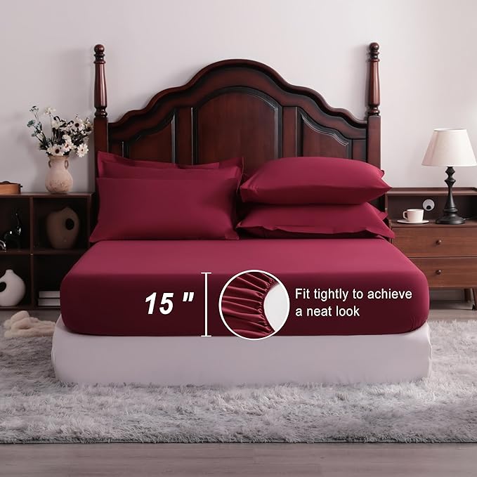 NTBAY King Comforter Set with Sheets, 7 Pieces Soft and Breathable King Bedding Set, Bed in a Bag, Down Alternative Comforter Set Solid Color All Season, Wine Red