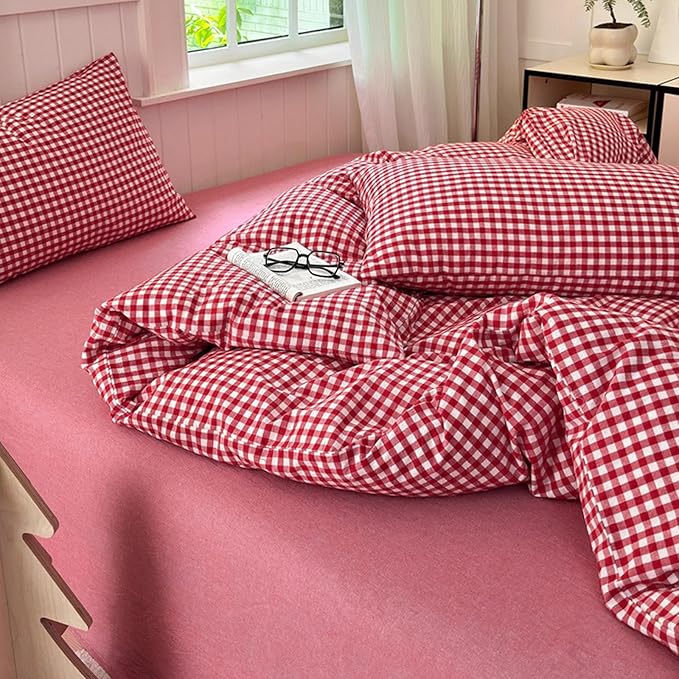 LifeTB Red Gingham Comforter Set Full Modern Style Red Plaid Comforter Set 3 Pieces Soft Fluffy Grid Checkered Pattern Comforter with 2 Pillowcases Vintage Luxury Soft Gingham Bedding Comforter Full