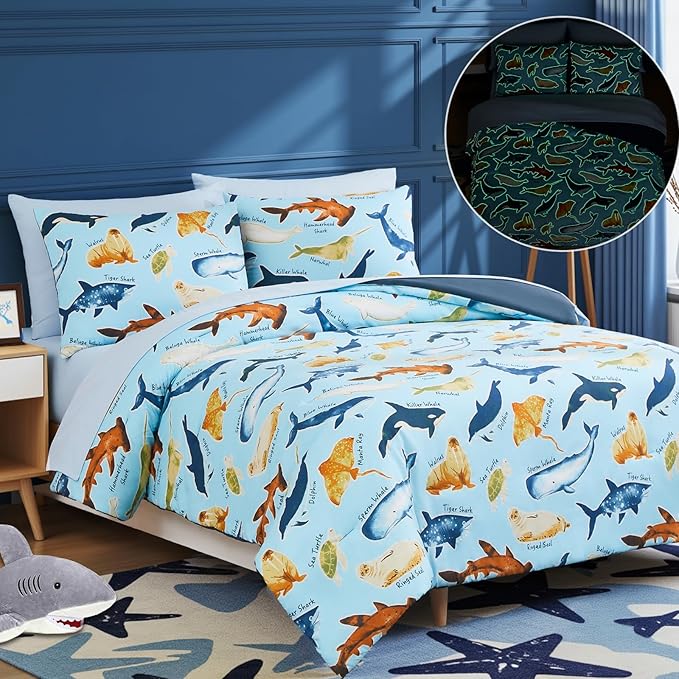 Full Comforter Set for Boys Kids - 7 Pieces Glow in The Dark Ocean Animals Full Size Bedding Sets for Kids, Ultra Soft Bed in A Bag with Sheets