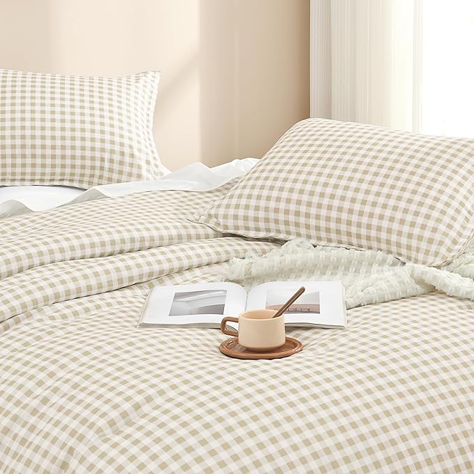 Andency Beige Gingham Comforter Set Twin(66x90Inch), Cream Checkered Grid Plaid Buffalo Bed Set for Girls Boys Kids Teens, 2 Pieces Lightweight Microfiber Geometric Preppy Bedding