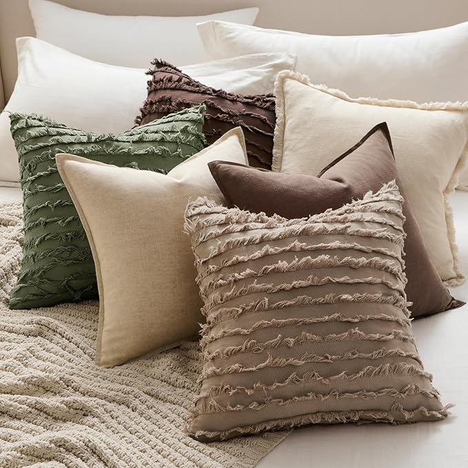 MIULEE Decorative Boho Throw Pillow Covers Set of 2 Dark Olive Green Linen Striped Jacquard Pattern Farmhouse Modern Cushion Covers for Sofa Couch Living Room Bedroom 20x20 Inch Home Decor