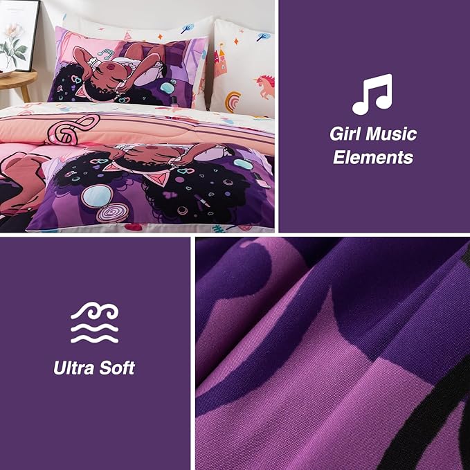A Nice Night Purple Comforter Sets,Black Girl Listening Music Printed, 6Pcs Bed in A Bag Queen Size All Seasons Bedding Set,for Kids, Girls