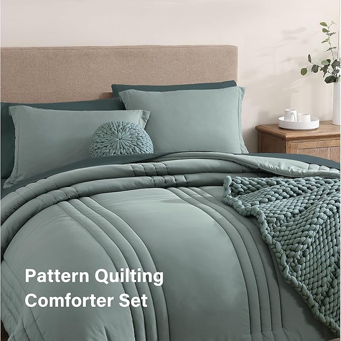 Monbix Full Size Comforter Sets - 7 Pieces Sage Green Bed in a Bag Full Size Bedding Sets with Comforter, Sheets, Pillowcases & Shams