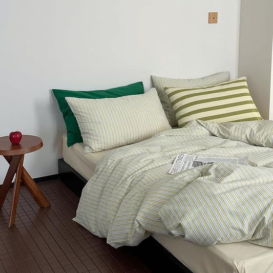 mixinni Vintage Geometric Striped Duvet Cover Set - 3 Piece 100% Washed Cotton Twin XL Size Bedding Set with Matching Pillowcases | Mid-Century Modern Design | Ultra Soft & Breathable-Twin XL Size