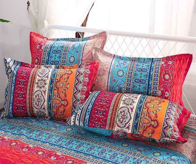 Boho Duvet Cover King, 100% Microfiber Ethnic Boho Colorful Bedding Set for Men Women, Blue Yellow Orange Modern Geo Aztec Print Duvet Cover, with Zipper Closure Luxury Soft Durable (King, 3pcs)