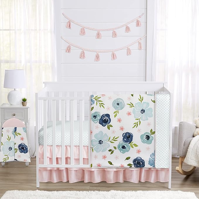 Sweet Jojo Designs 4-Piece Baby Crib Bedding Set (Pink/Blue Boho Floral) for Girls, Infants/Nursery incl. Blanket, Fitted Sheet, Skirt, Diaper Stacker (Watercolor, Rose, Polka Dot, Shabby Chic, Navy)