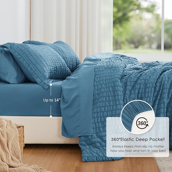 Love's cabin Seersucker Misty Blue Full Comforter Set, 7-Piece All Season Lightweight Bed in a Bag Bedding Set with Comforter, Flat Sheet, Fitted Sheet, Pillowcases and Shams | Soft, Breathable, Lightweight