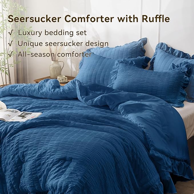 JOLLYVOGUE Teal Twin Size Comforter Set, 2 Pieces Seersucker Lightweight Fluffy Bedding Set, Twin Ruffle Comforter, All Season Soft Microfiber Shabby Chic Bed Set