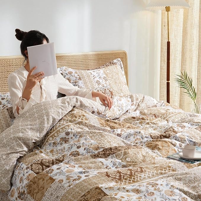 PHF Ultra Soft Floral Duvet Cover Twin Size, Printed boho Bedding Set 2 Pieces, Comfy Farmhouse Reversible Paisley Pattern Duvet Cover Set with 1 Pillow Shams, Zipper Closure and 6 Ties, 68"x90",Brown